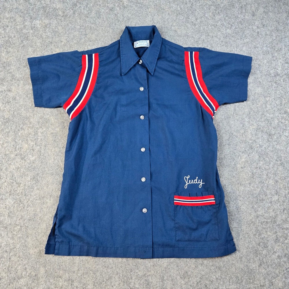 Vintage Hilton Bowling Shirt Mens Small Blue Big Boy Uniform 70s Chain Stitch